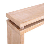 Top corner view of Slim Natural Wood Console Table with bead detail and textured wood finish, ideal for narrow spaces.