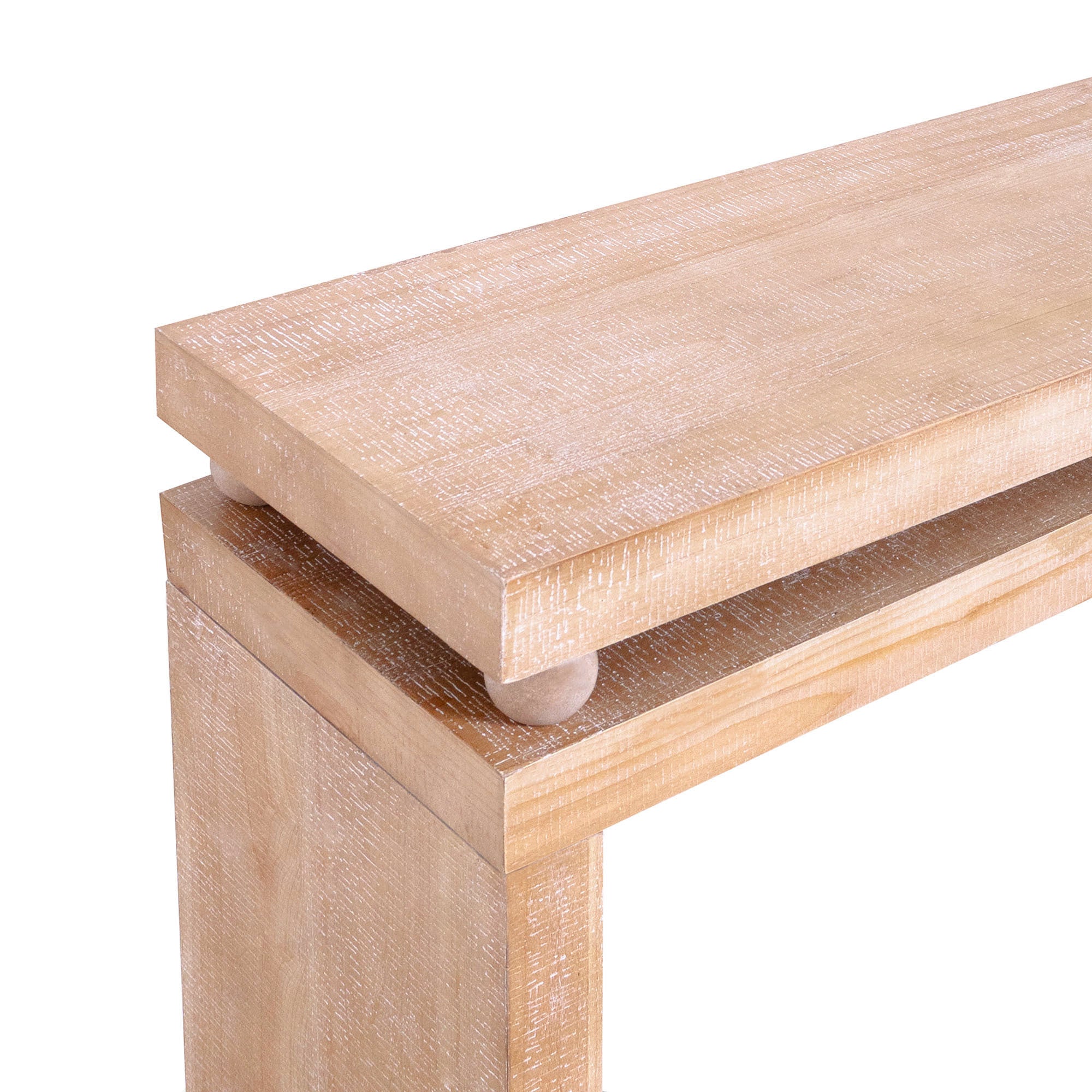 Top corner view of Slim Natural Wood Console Table with bead detail and textured wood finish, ideal for narrow spaces.