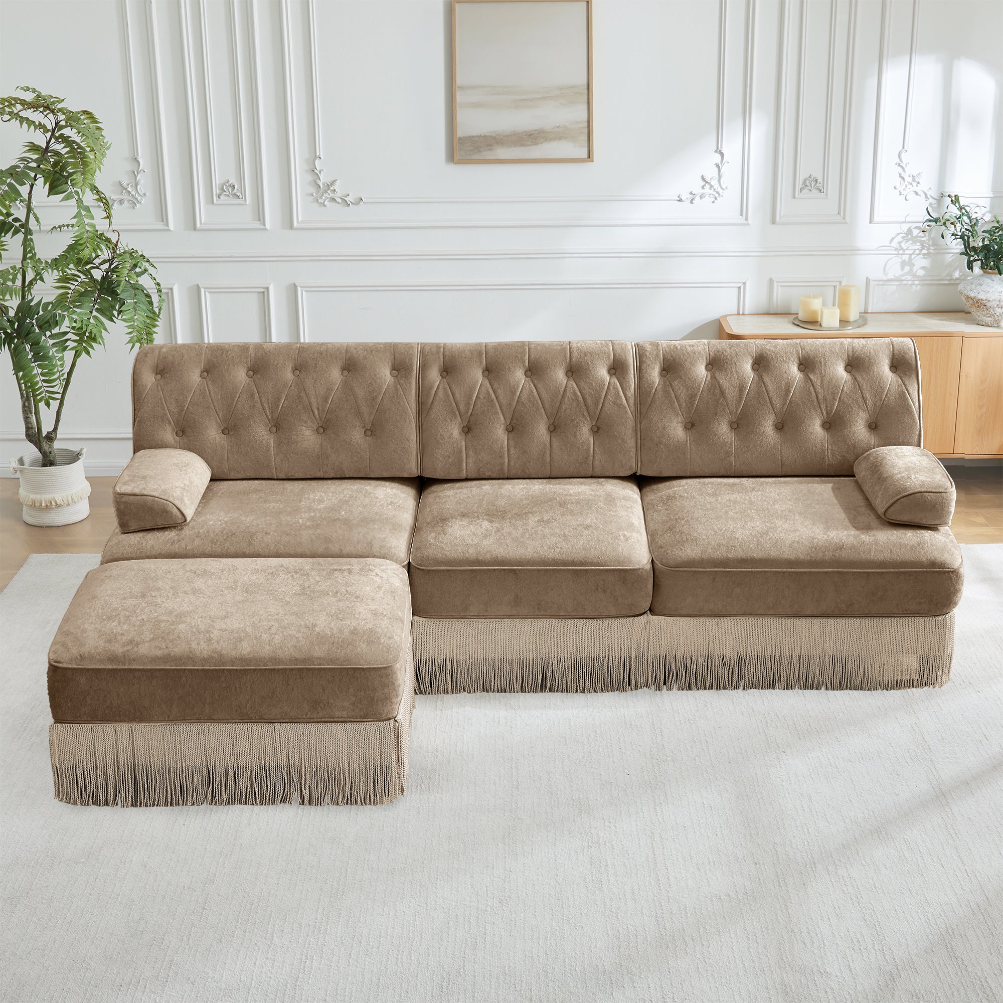 Modular Velvet Sectional Sofa - 3-Seater Camel Design