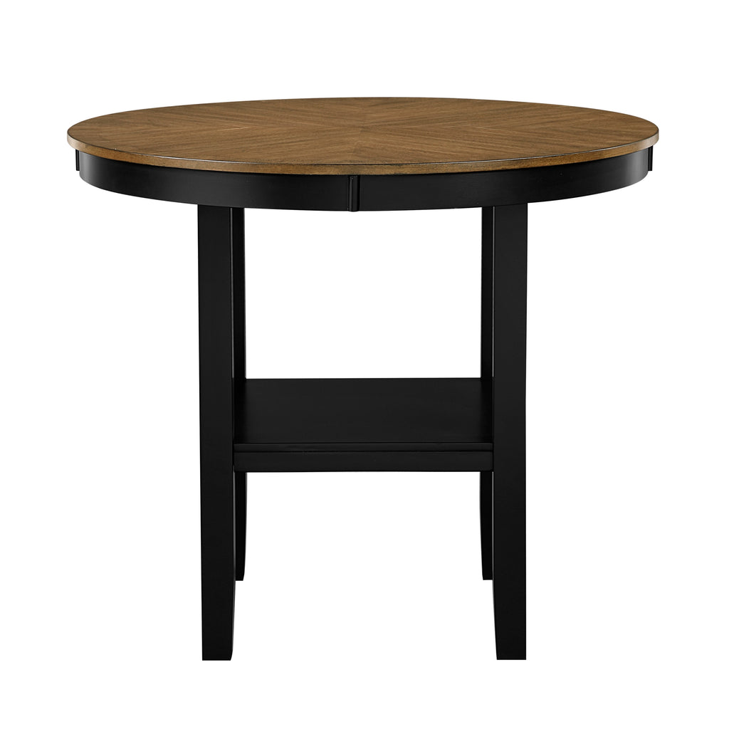 Front view of round counter height dining table with black base and wood top, includes built-in lower shelf for storage.