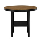 Front view of round counter height dining table with black base and wood top, includes built-in lower shelf for storage.