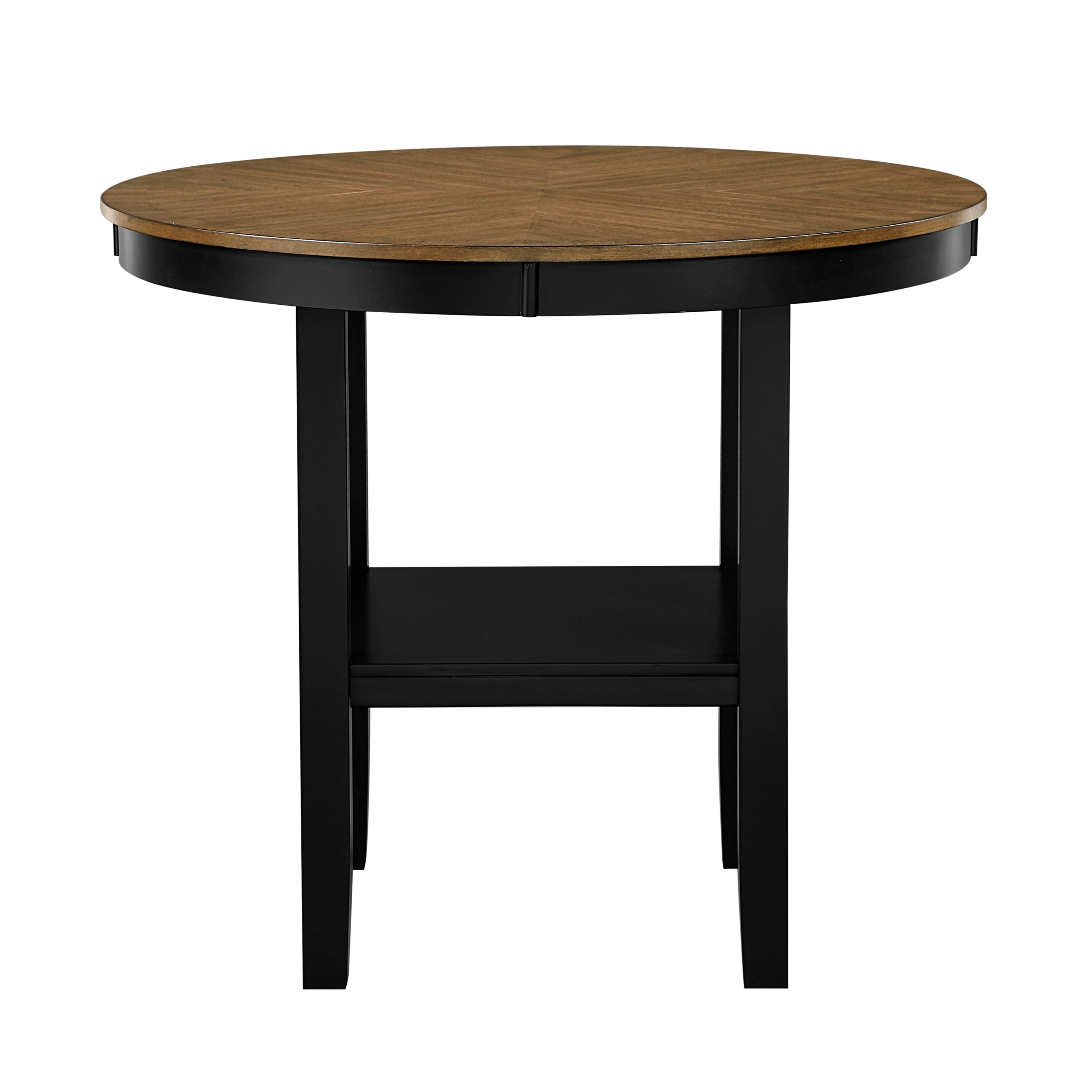 Front view of round counter height dining table with black base and wood top, includes built-in lower shelf for storage.