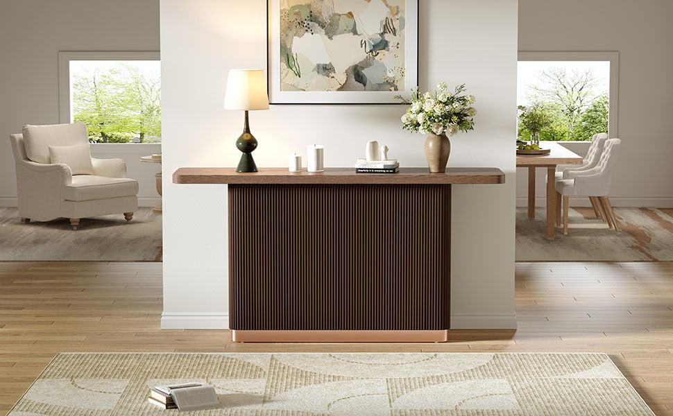 Modern Console Table with Ash Veneer Top and Metal Accent.