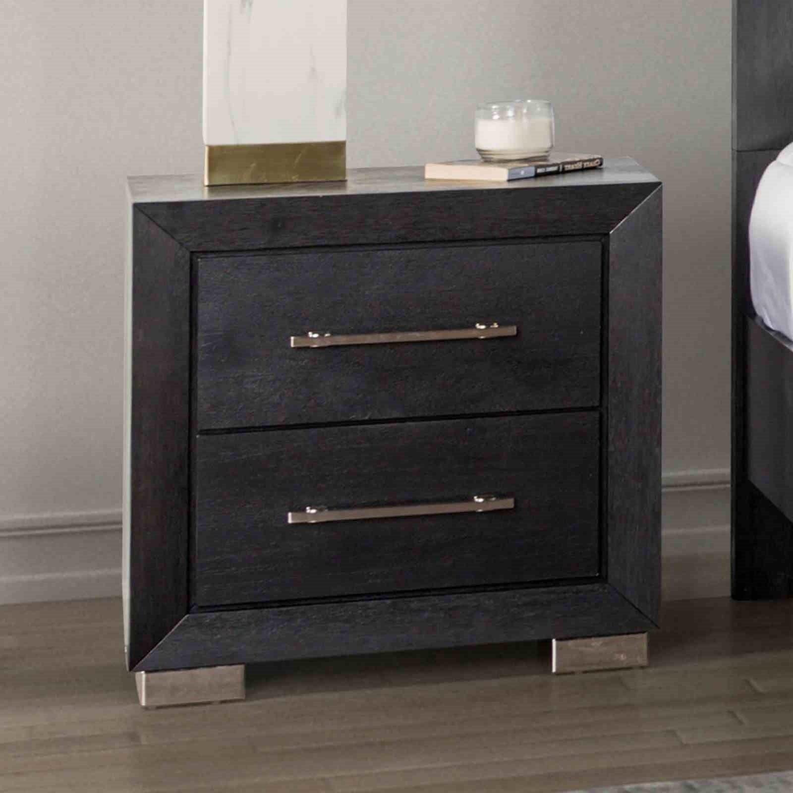 Black Contemporary Nightstand with Chrome Legs and USB Ports.