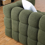 Detail of Olive Green Boucle Sofa - 3 Seater, Marshmallow Cozy armrest with textured boucle fabric and plush padding.