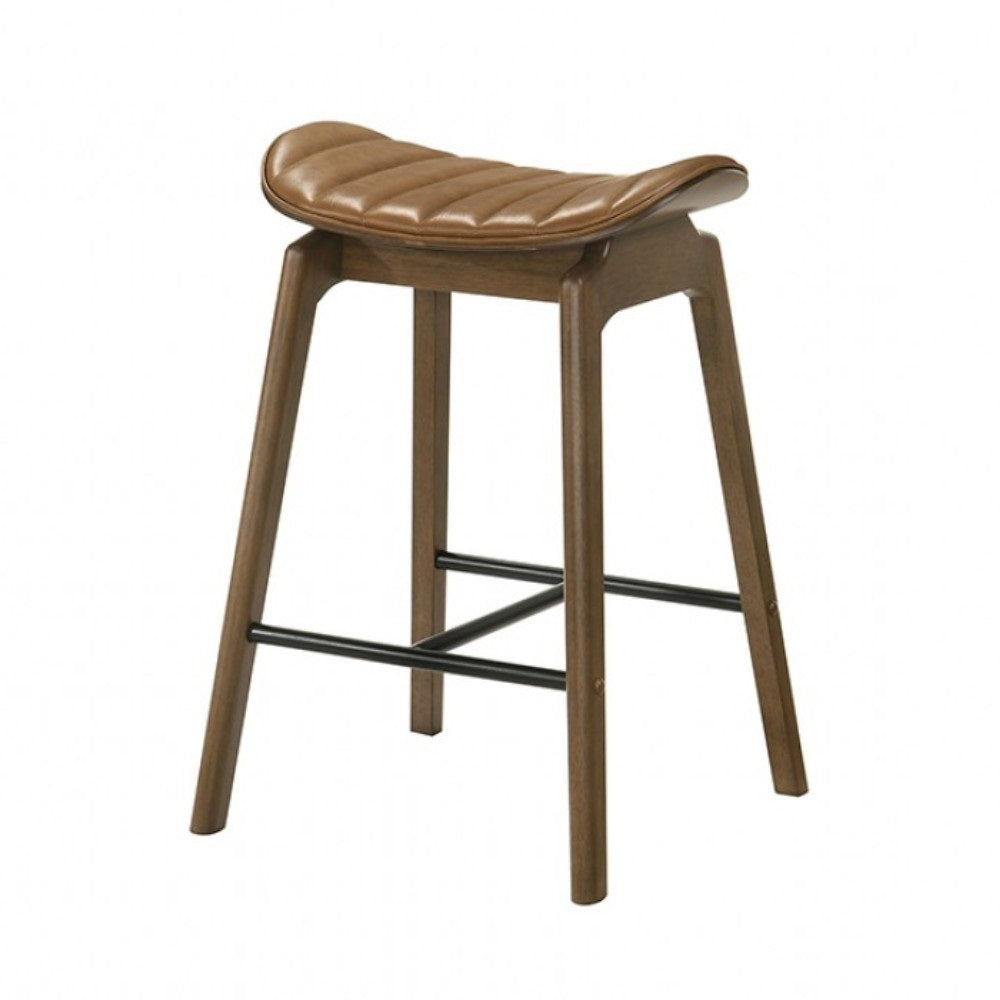 Walnut-finished Mid-Century Modern counter chair with contoured saddle seat and durable wood legs, perfect for dining spaces.