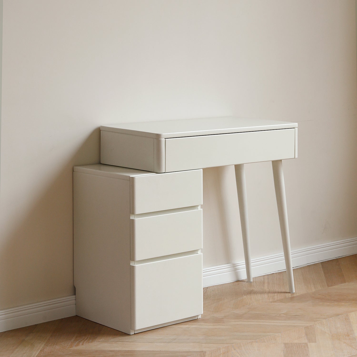 White Solid Wood Dresser Table - Liriodendron Design angled view showing clean lines and sturdy construction for contemporary interiors.