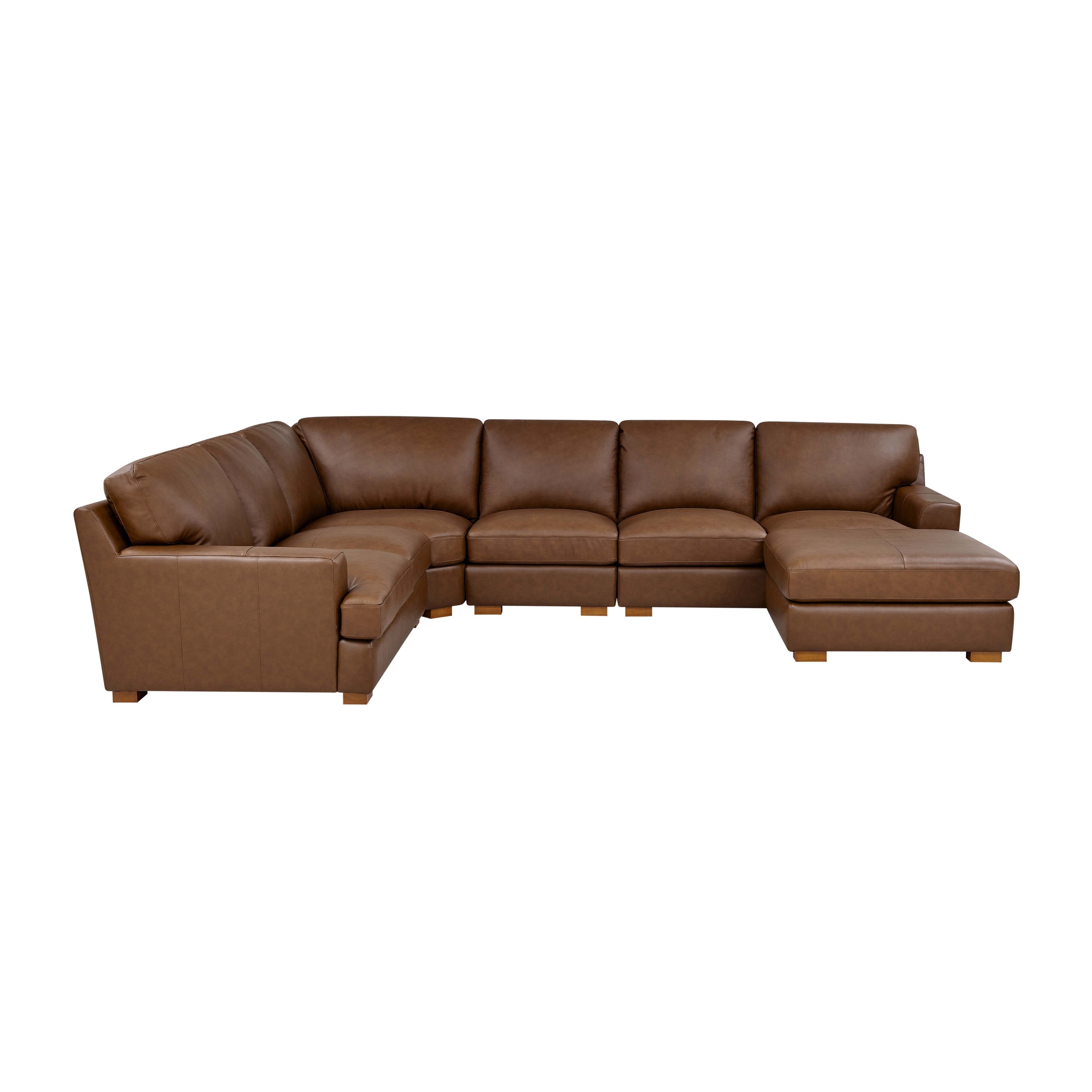 Leather Match Sectional Sofa - Modular Design with 6 Seats in brown leather, shown from front angle with attached ottoman for lounging.