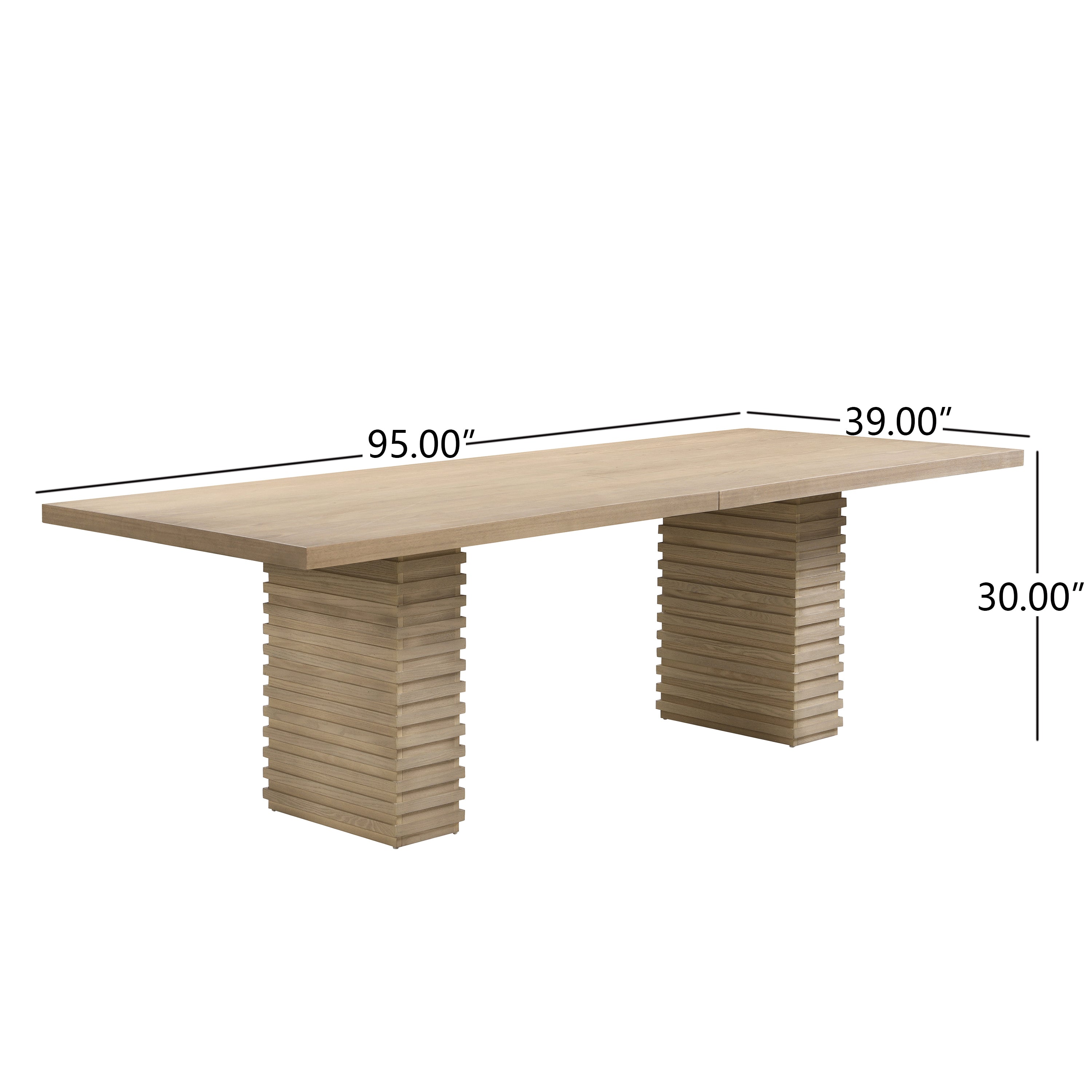 Dimensional view of 95 inch dining table in light ash finish, measuring 95x39x30 inches with solid wood construction.