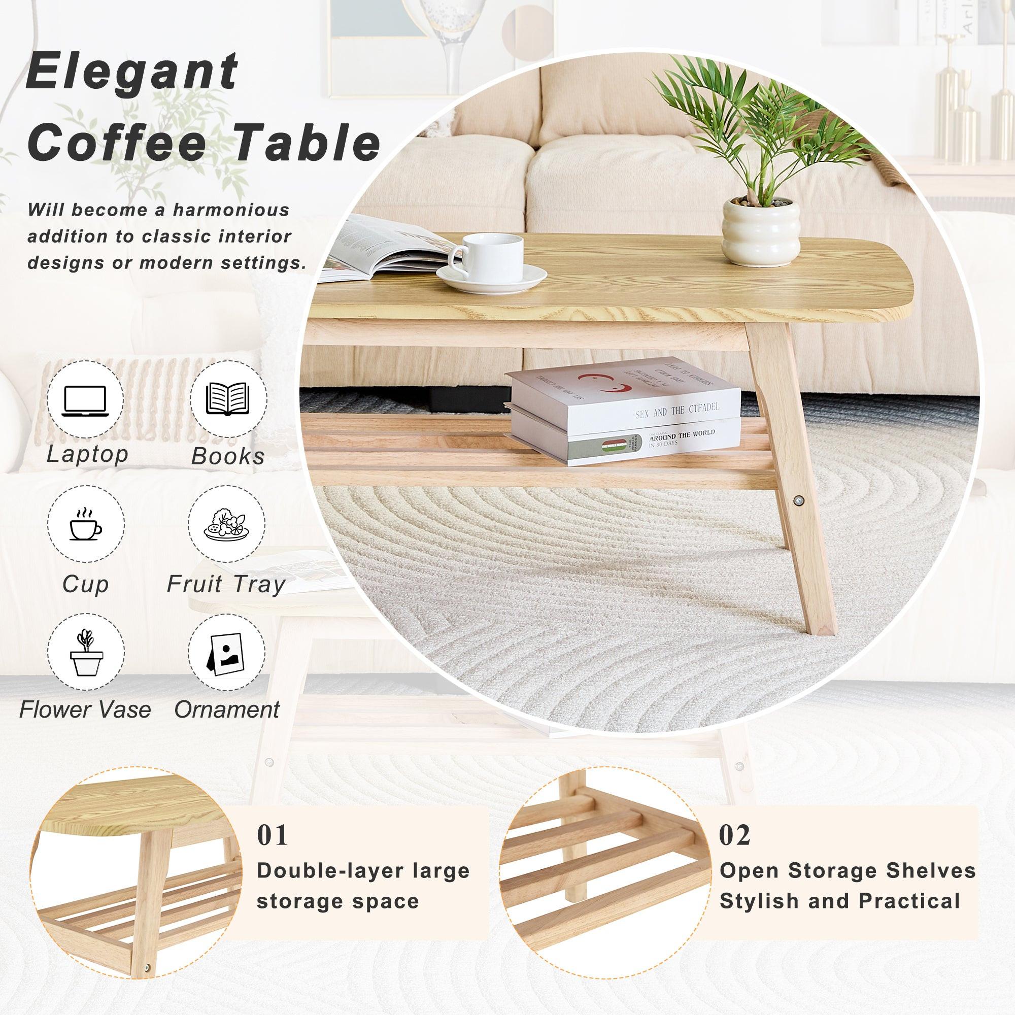 39 Inch Solid Wood Coffee Table with Double Layer Storage.