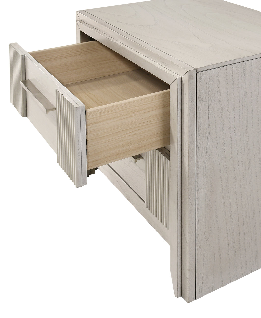Open drawer view of contemporary white nightstand showing spacious interior and smooth wood construction for practical bedroom storage.