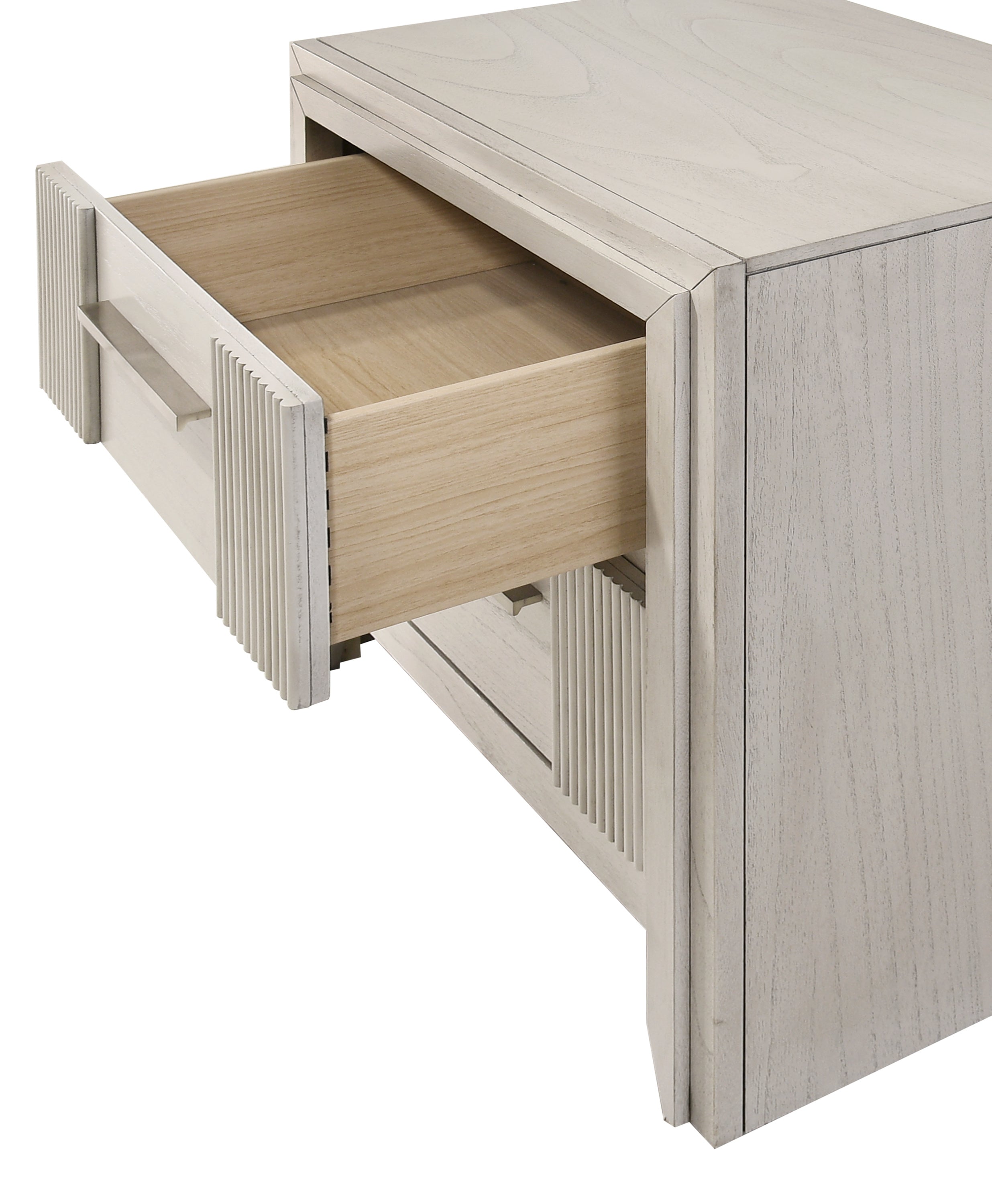 Open drawer view of contemporary white nightstand showing spacious interior and smooth wood construction for practical bedroom storage.