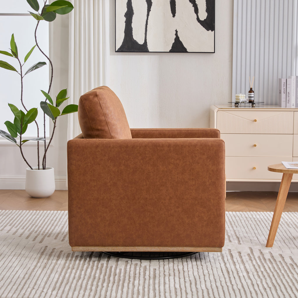 30.7'W Modern Brown PU Upholstered Square Swivel Accent Chair with Metal Base for Living Room and Bedroom