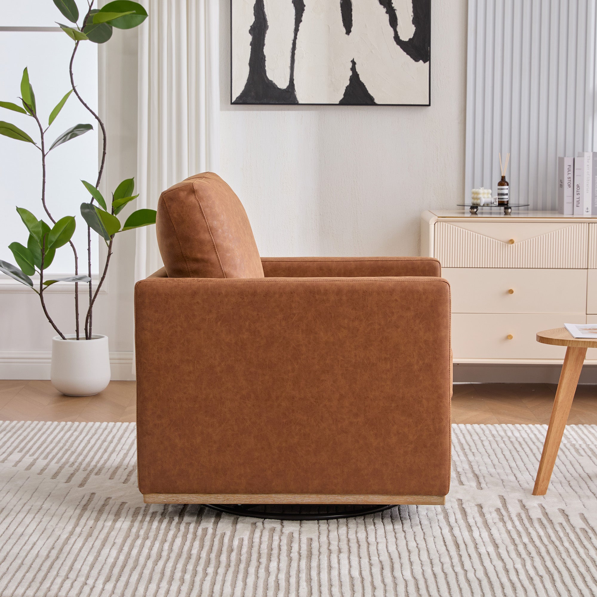 30.7'W Modern Brown PU Upholstered Square Swivel Accent Chair with Metal Base for Living Room and Bedroom