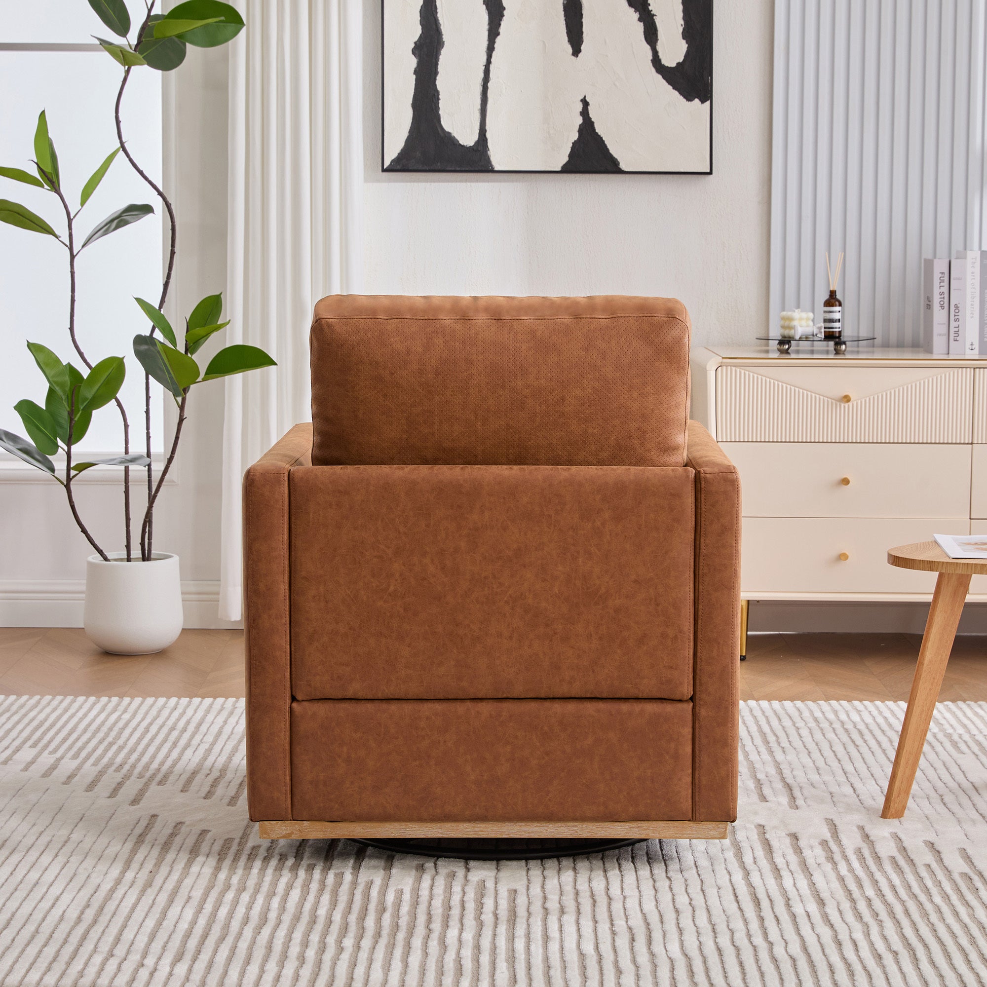 30.7'W Modern Brown PU Upholstered Square Swivel Accent Chair with Metal Base for Living Room and Bedroom