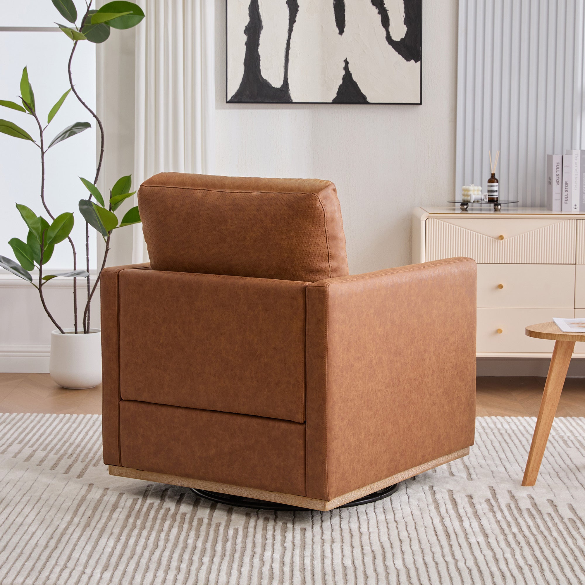 30.7'W Modern Brown PU Upholstered Square Swivel Accent Chair with Metal Base for Living Room and Bedroom