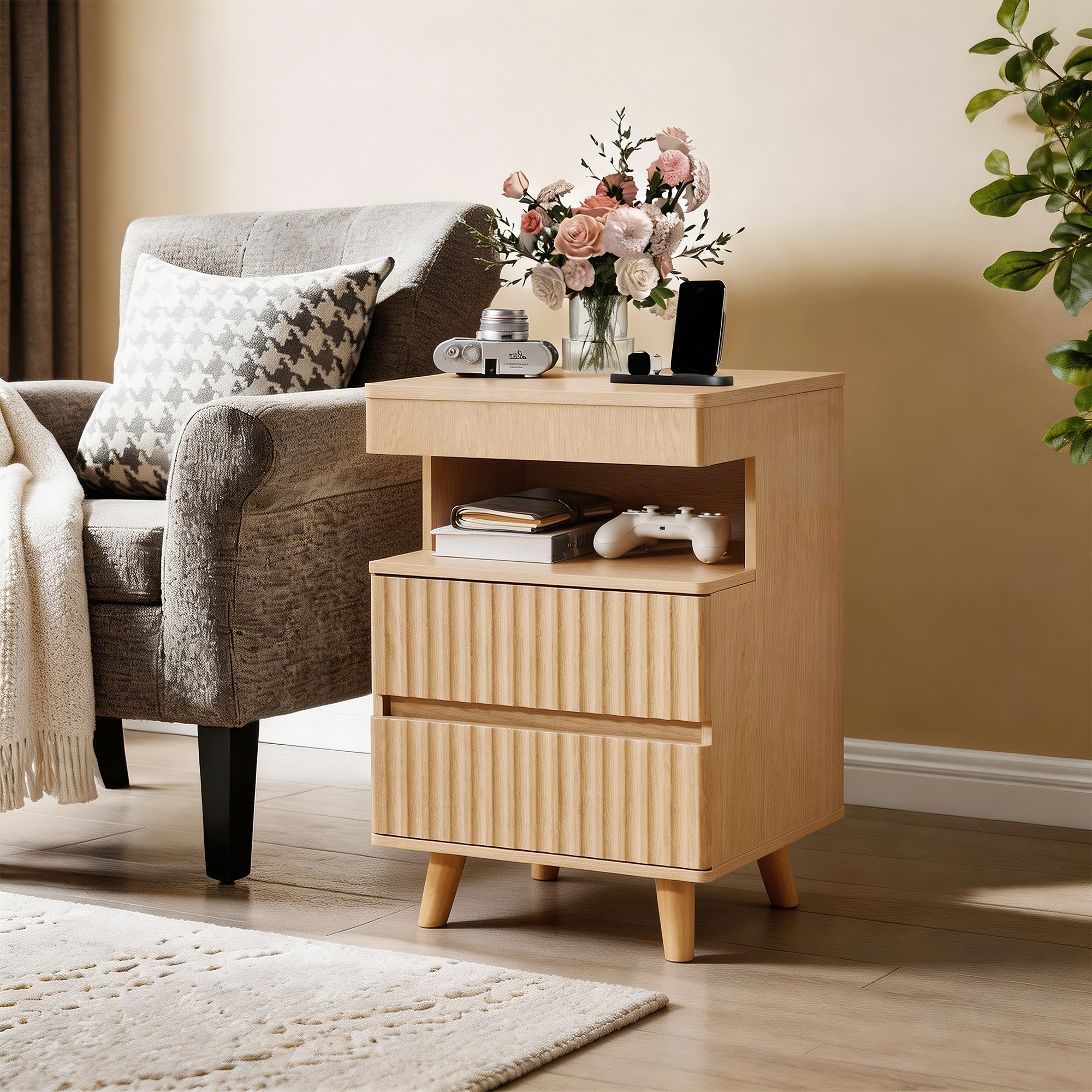 Modern Oak Nightstand with Charging Station and Secure Gun Drawer