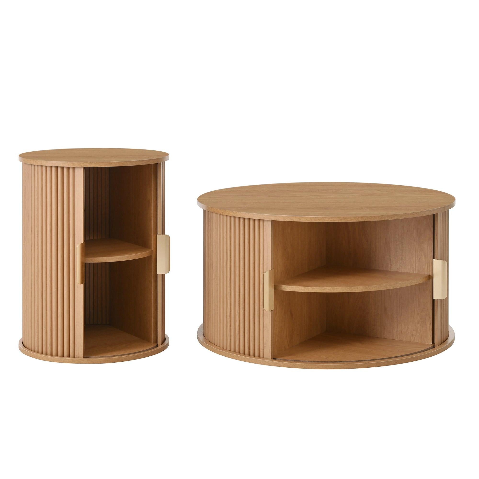 [Assembly Video]Mid-Century Coffee Table Set with Sliding Tambour Door, Round Fluted End Table With Storage, Golden Handle Tall & Low Side Table with Wooden Finish for Living Room, Set of Two ,Natural.