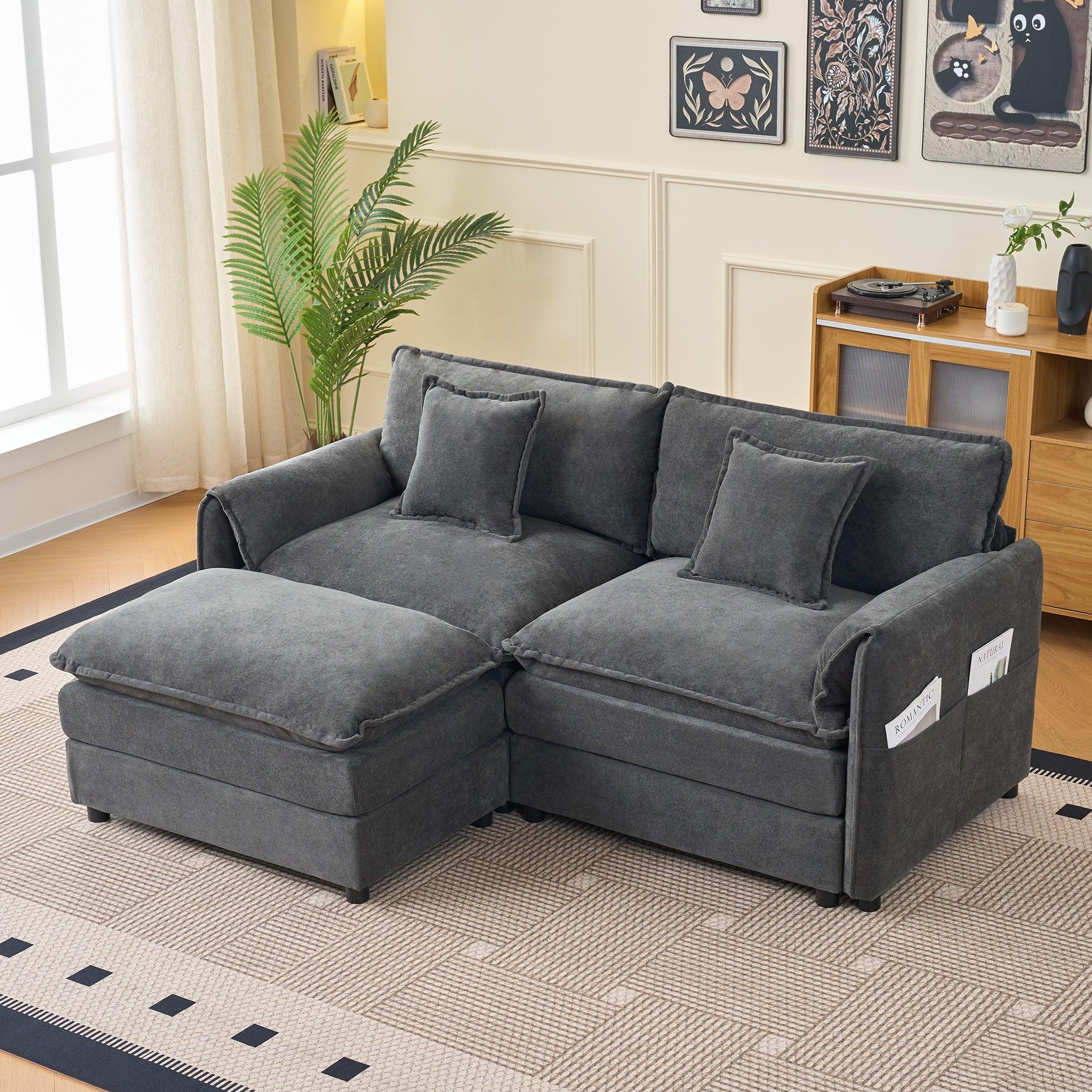 Modular Sectional Sofa Grey with Ottoman for Living Room.