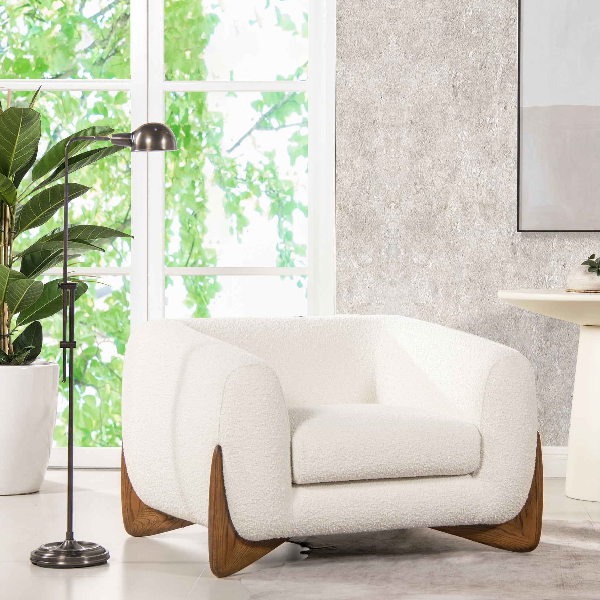 Ivory White Sherpa Arm Chair - Alpine 44' Boucle styled in a modern living room with natural oak legs and boucle upholstery.
