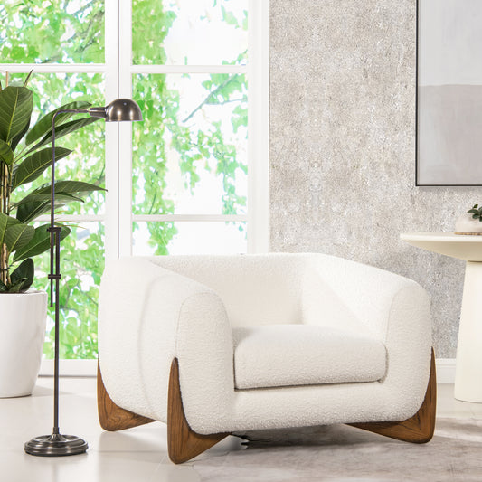 Ivory White Sherpa Arm Chair - Alpine 44' Boucle styled in a modern living room with natural oak legs and boucle upholstery.