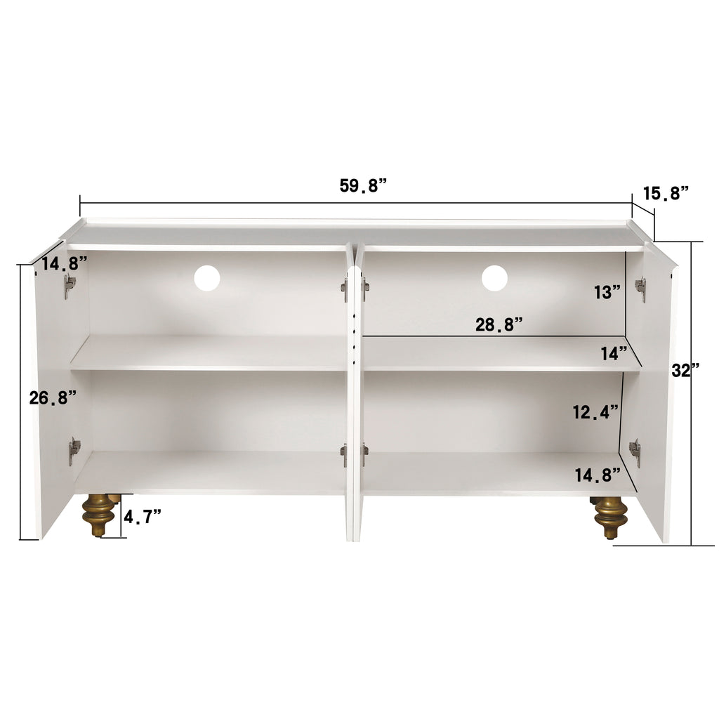 Modern Fluted Sideboard Buffet with Storage, Curve Element, 4 Doors with Adjustable Shelves, White