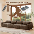 No assembly required guide for modular chocolate plush sofa, showing simple 3-step setup process for instant use and convenience.