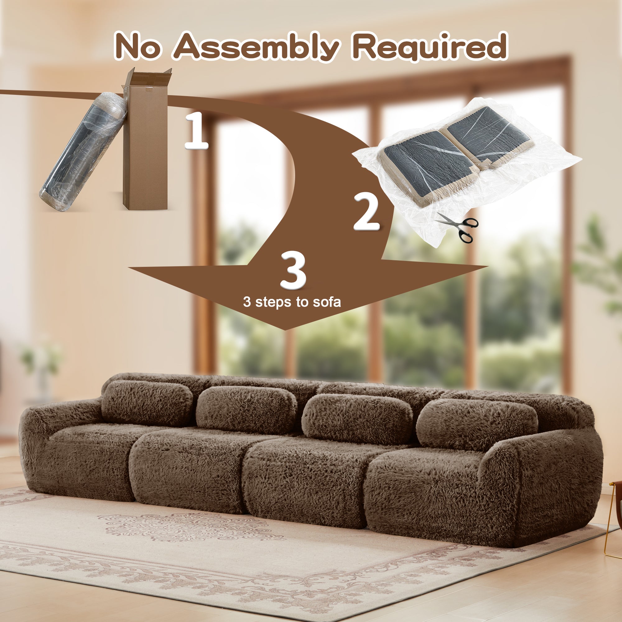No assembly required guide for modular chocolate plush sofa, showing simple 3-step setup process for instant use and convenience.