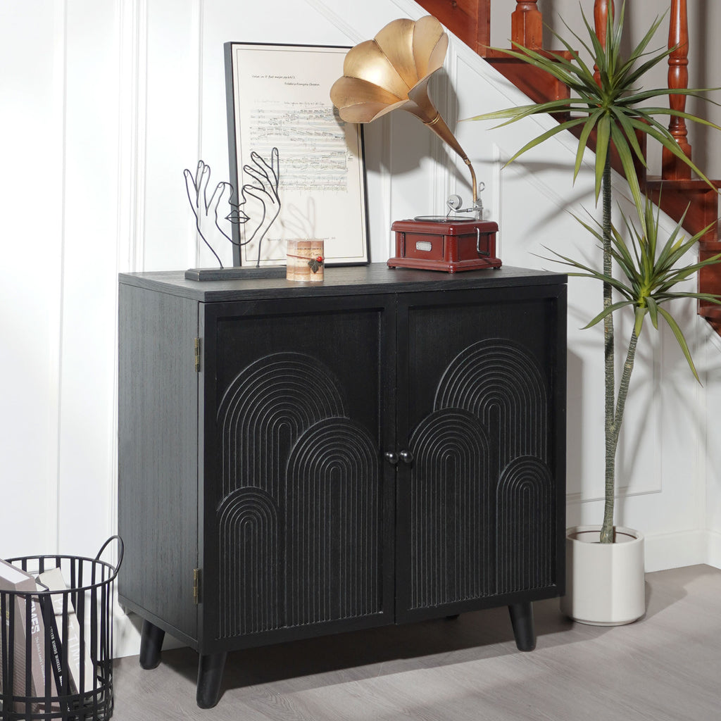 Modern Black Wood Storage Cabinet, 31in Accent Cabinet with Embossed Door for Living Room, Bedroom, or Entryway