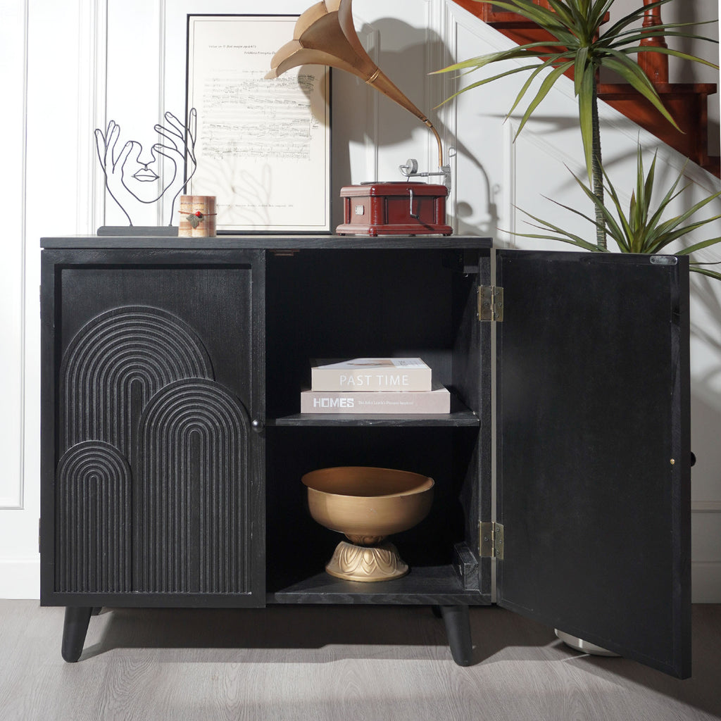 Modern Black Wood Storage Cabinet, 31in Accent Cabinet with Embossed Door for Living Room, Bedroom, or Entryway
