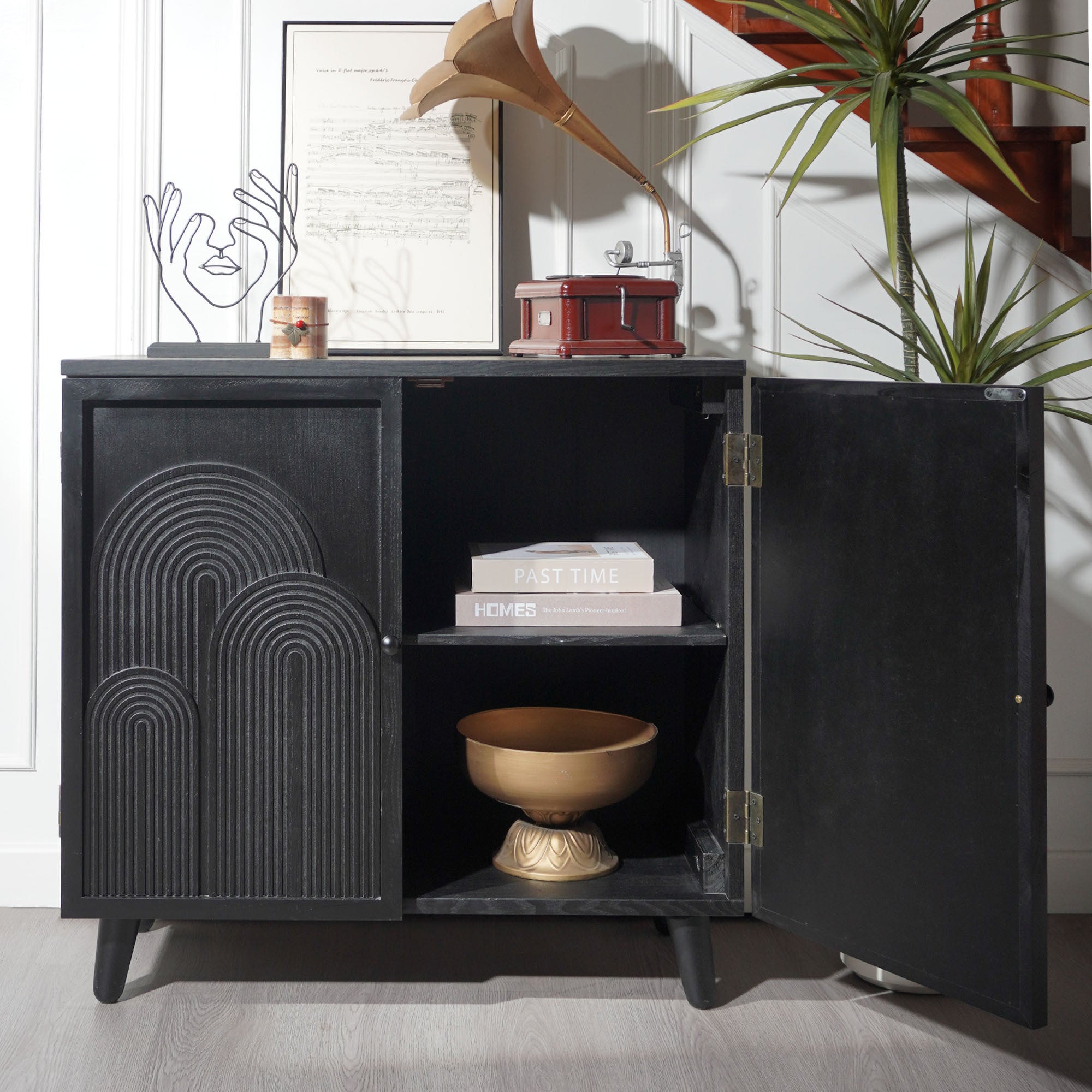 Modern Black Wood Storage Cabinet, 31in Accent Cabinet with Embossed Door for Living Room, Bedroom, or Entryway