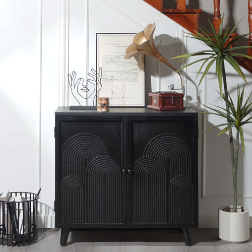 Modern Black Wood Storage Cabinet, 31in Accent Cabinet with Embossed Door for Living Room, Bedroom, or Entryway