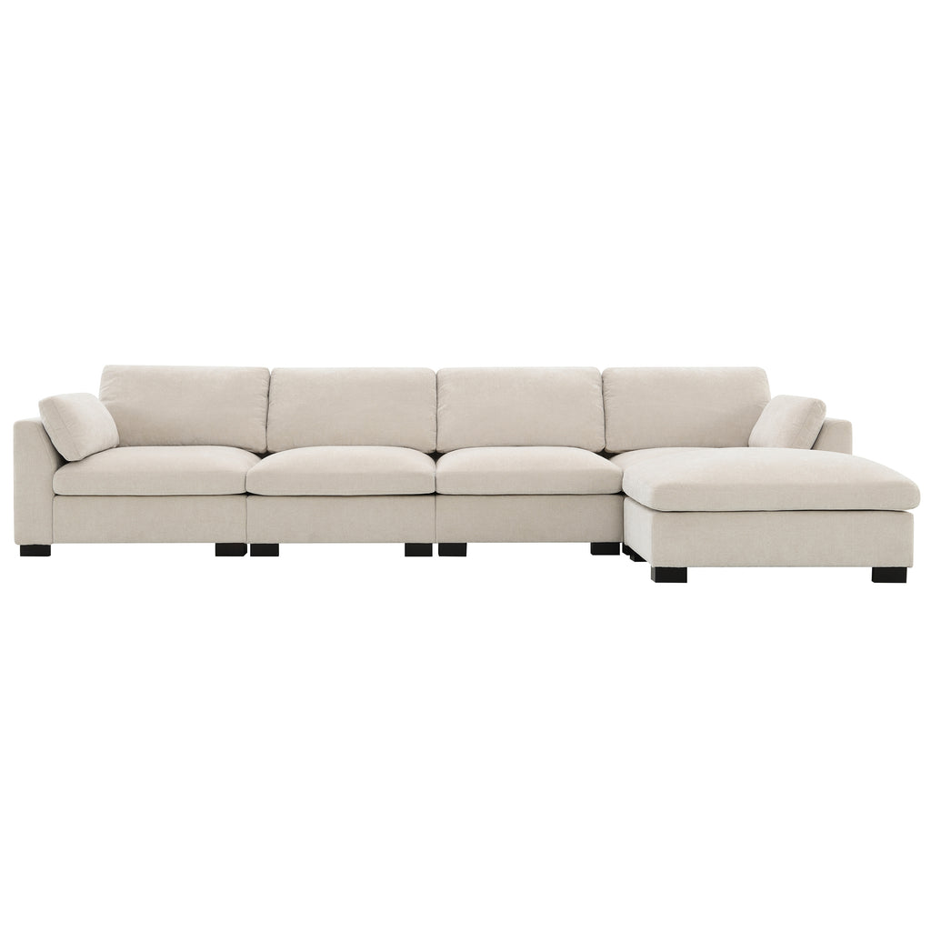 Front view of modular sectional sofa with 5 seats and right-facing chaise in neutral chenille fabric.