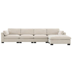 Front view of modular sectional sofa with 5 seats and right-facing chaise in neutral chenille fabric.