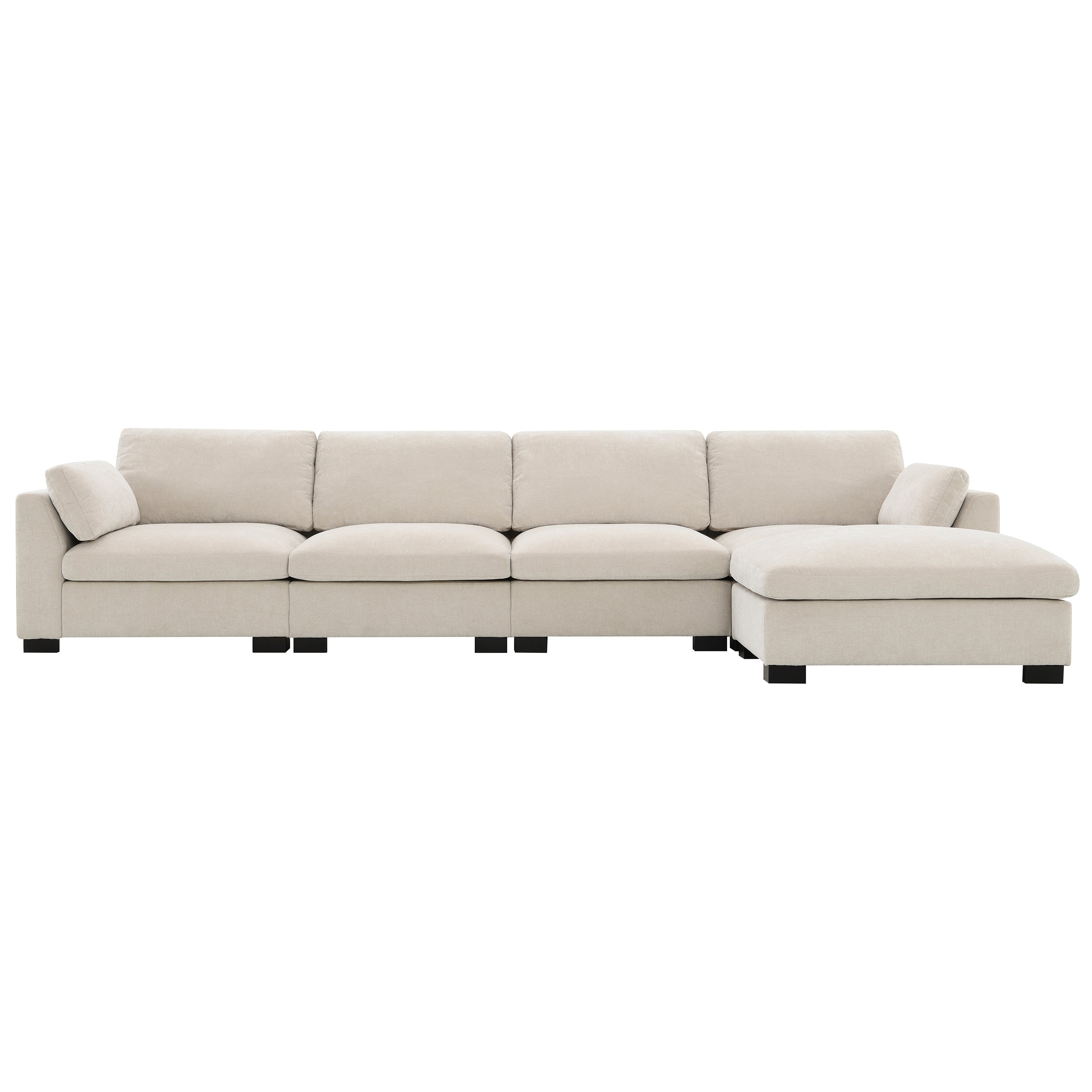 Front view of modular sectional sofa with 5 seats and right-facing chaise in neutral chenille fabric.