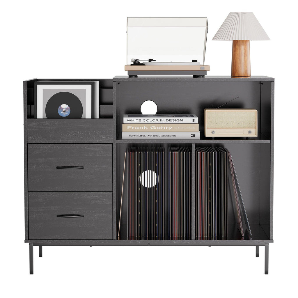 Eco-Friendly Record Player Stand - Black Vinyl Storage Cabinet.