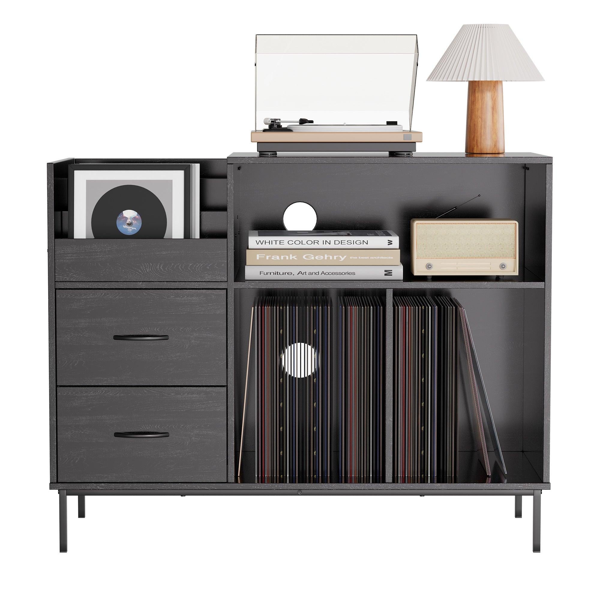 Eco-Friendly Record Player Stand - Black Vinyl Storage Cabinet.