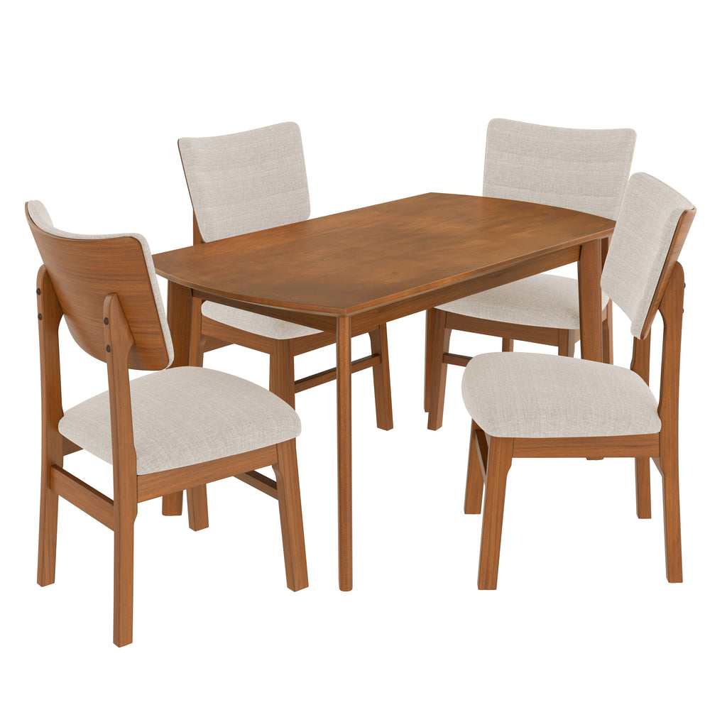 Angled view of farmhouse dining table set with 4 upholstered chairs, showcasing durable wood construction and modern design.