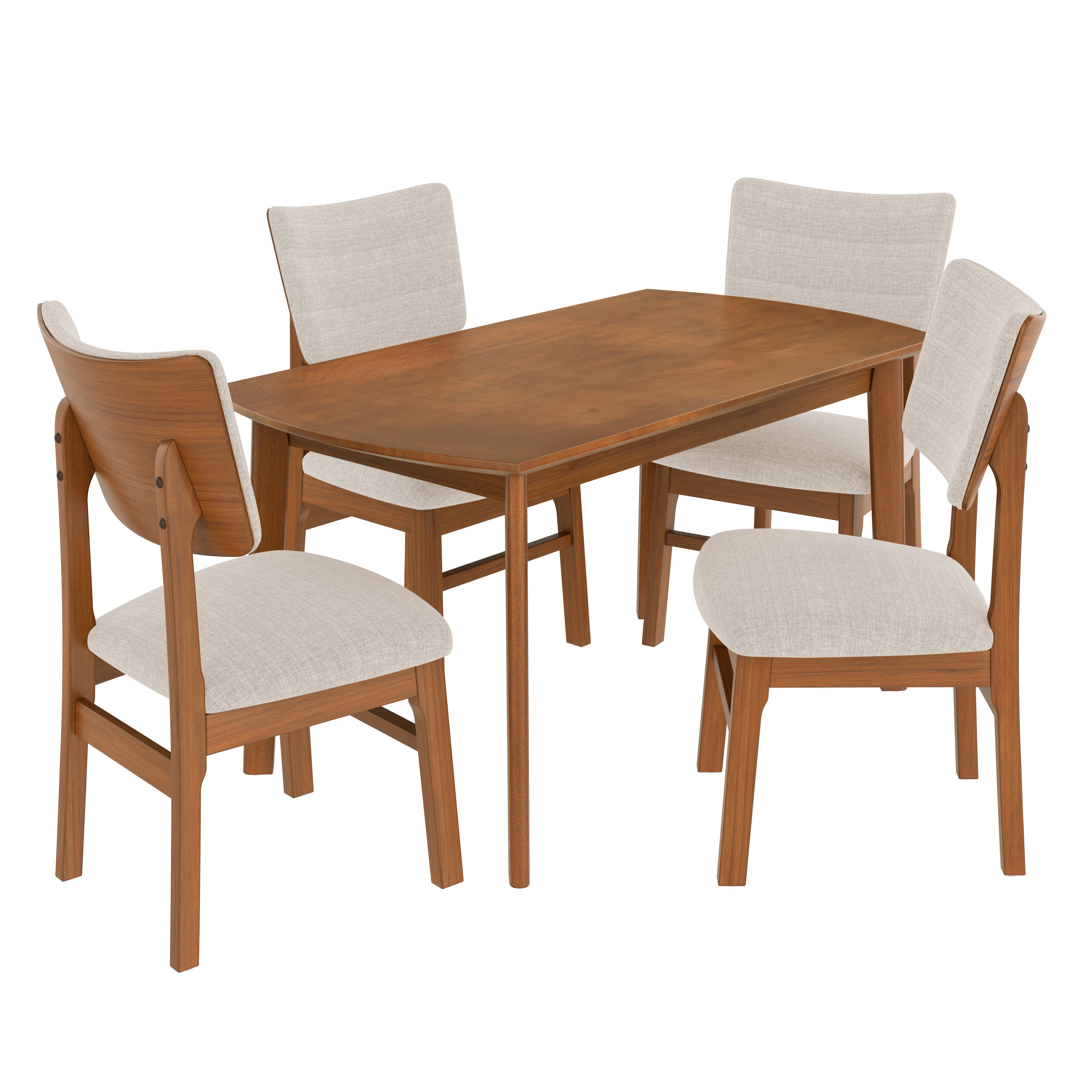 Angled view of farmhouse dining table set with 4 upholstered chairs, showcasing durable wood construction and modern design.
