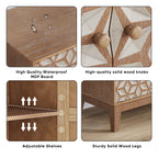 Geometric Sideboard Tangerine Walnut - 31.5" Storage Unit details showing waterproof MDF board, solid wood knobs, and adjustable shelves.