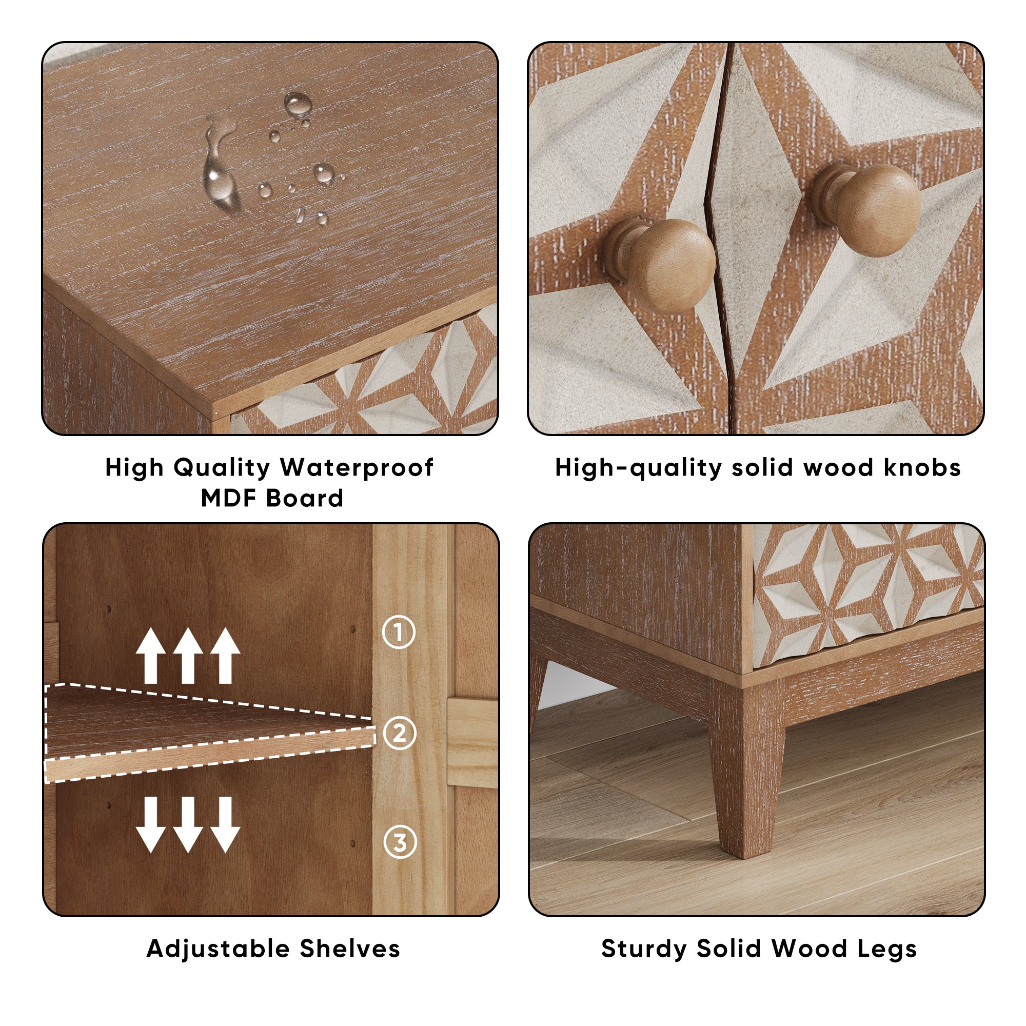 Geometric Sideboard Tangerine Walnut - 31.5" Storage Unit details showing waterproof MDF board, solid wood knobs, and adjustable shelves.