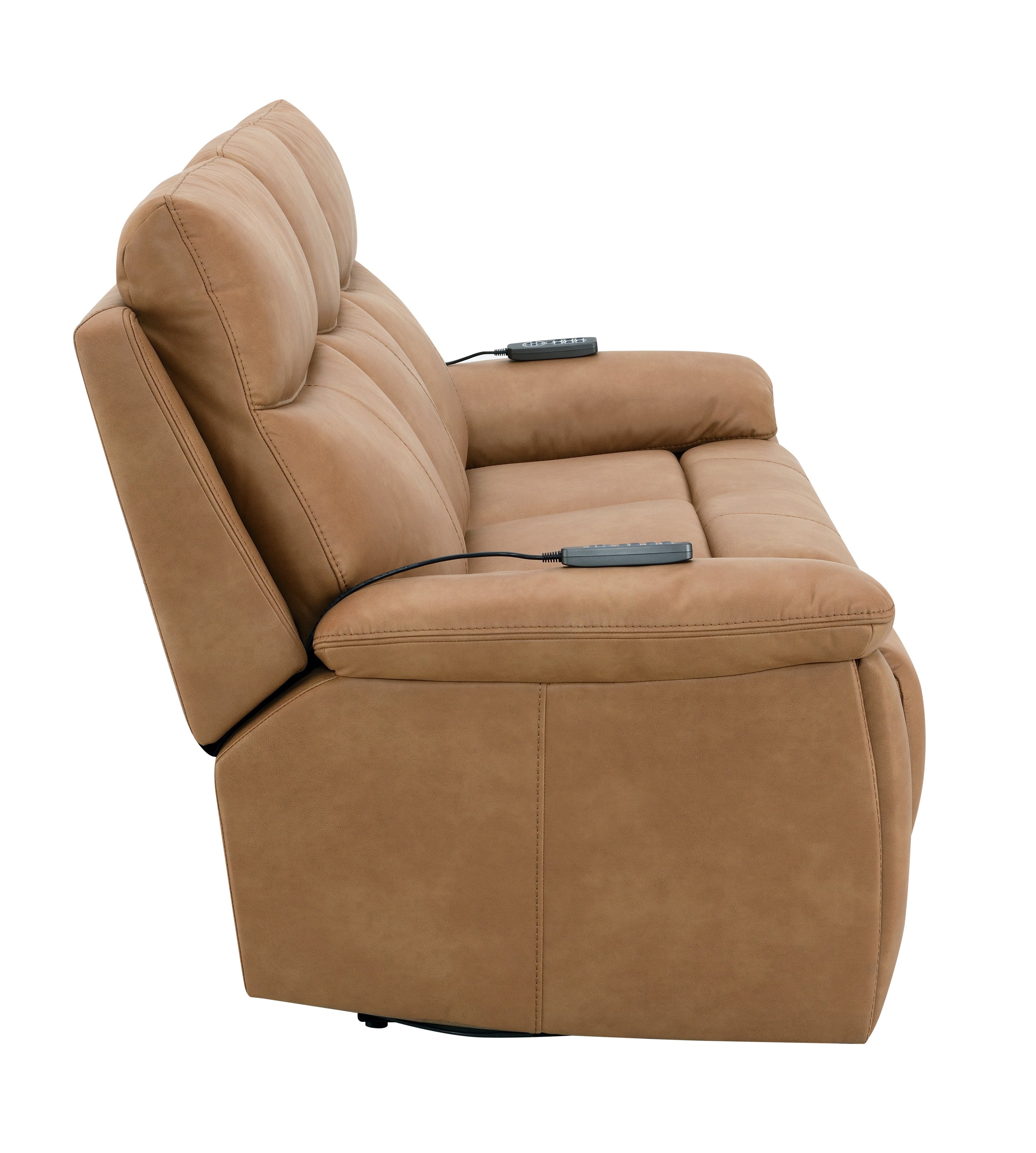 Side view of brown leather reclining sofa with USB and power headrest, highlighting plush armrests and remote control placement.