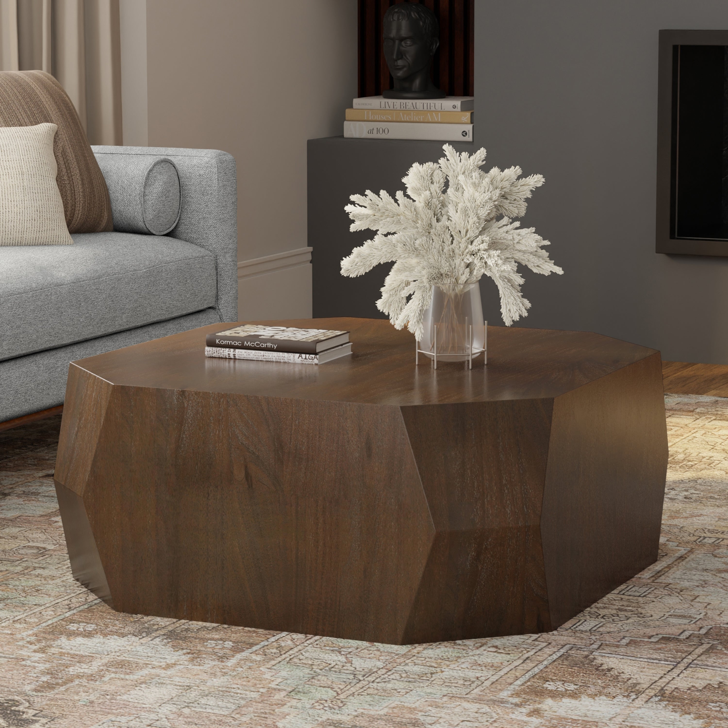 Eisley Coffee Table - Walnut from India styled in living room with geometric design, made of MDF and acacia veneer for modern interiors.