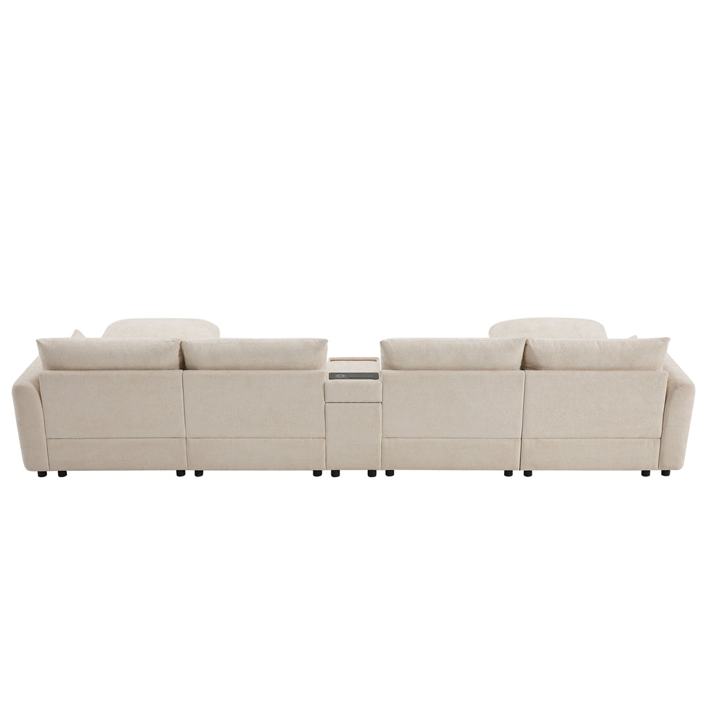 Back view of modular sectional sofa with center console, highlighting clean lines and modular construction for modern homes.
