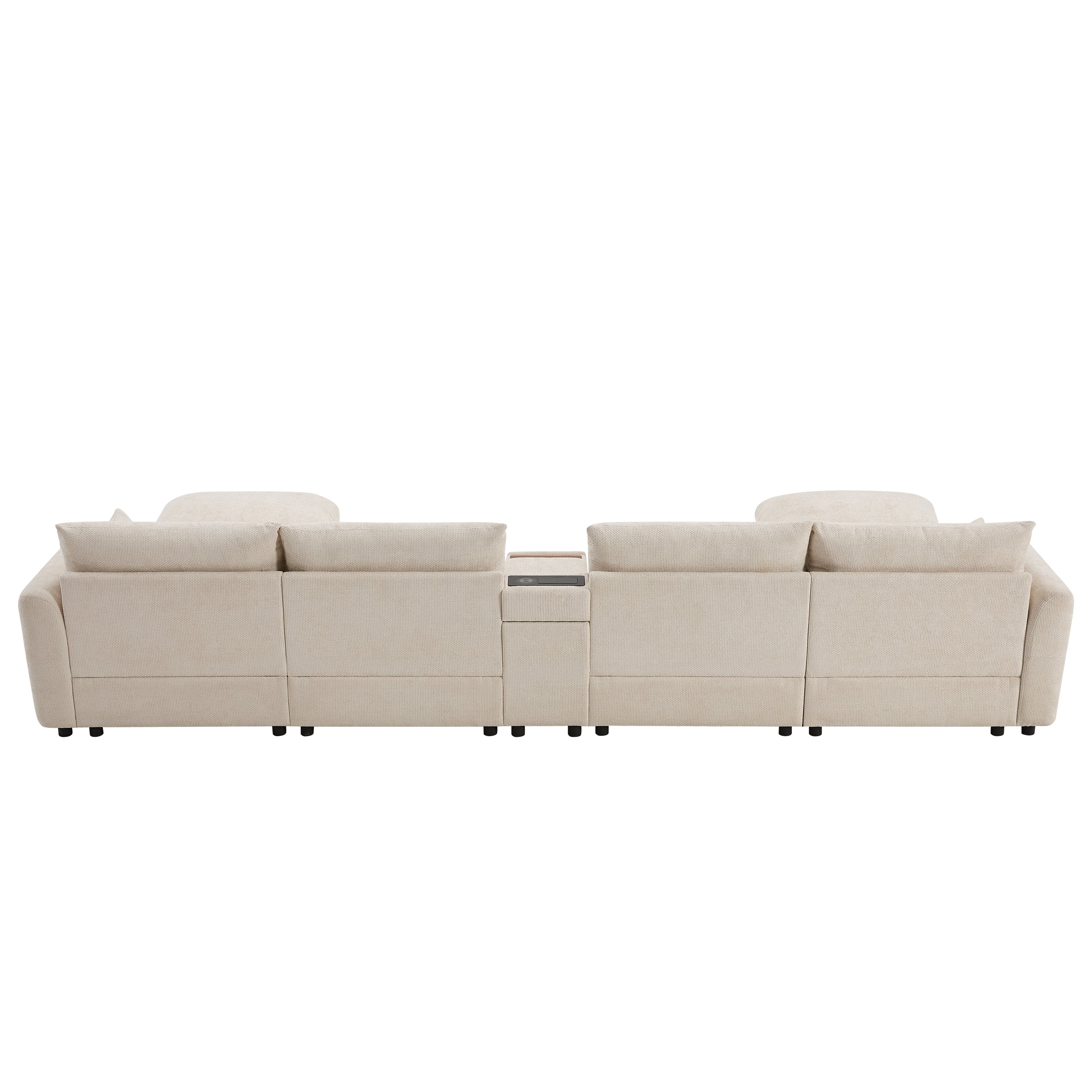 Back view of modular sectional sofa with center console, highlighting clean lines and modular construction for modern homes.