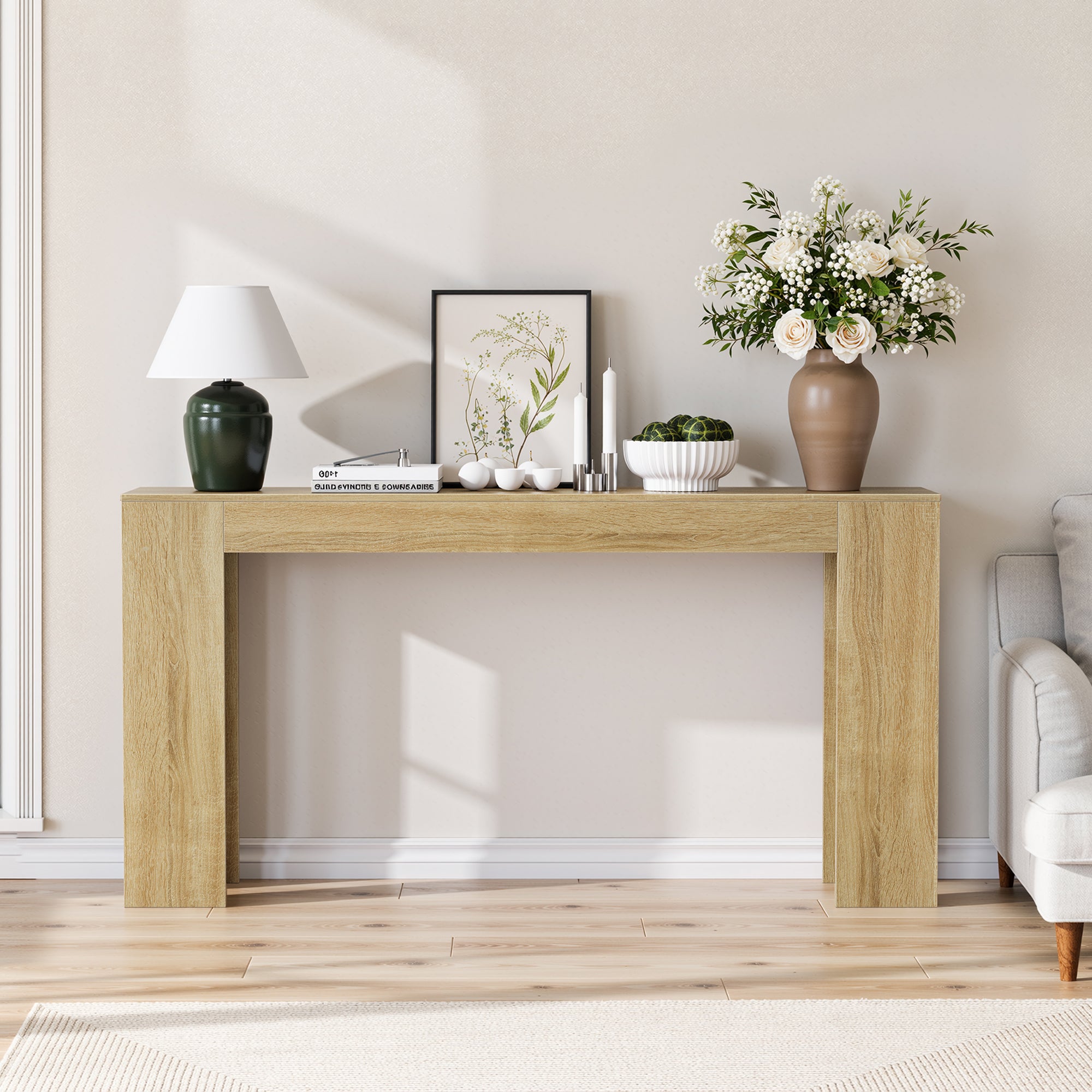 Farmhouse Oak Console Table - Extra-Long Entryway Table used as a decorative accent in a cozy living room, styled with modern decor pieces.
