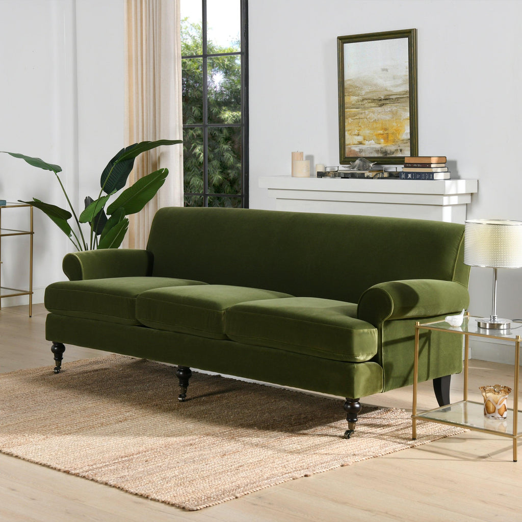 Alana Lawson Olive Green Velvet Sofa for Living Room.