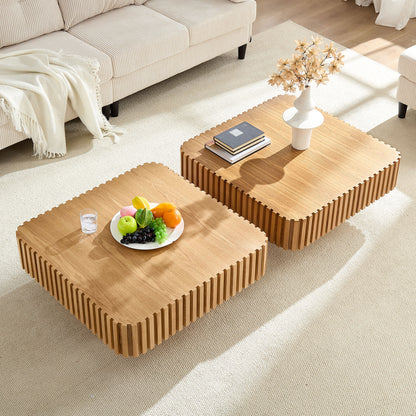 31.5 Inch Modern Handcraft Drum Coffee Table Square Coffee Table for Living Room,Small Wooden Coffee Table with Sturdy MDF Pedesta,Natural Color Coffee Table