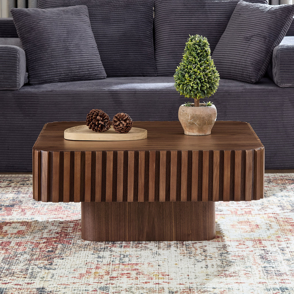 31.5 Inch Modern Handcraft Drum Coffee Table Square Coffee Table for Living Room,Small Wooden Coffee Table with Sturdy MDF Pedesta,Walnut Color Coffee Table
