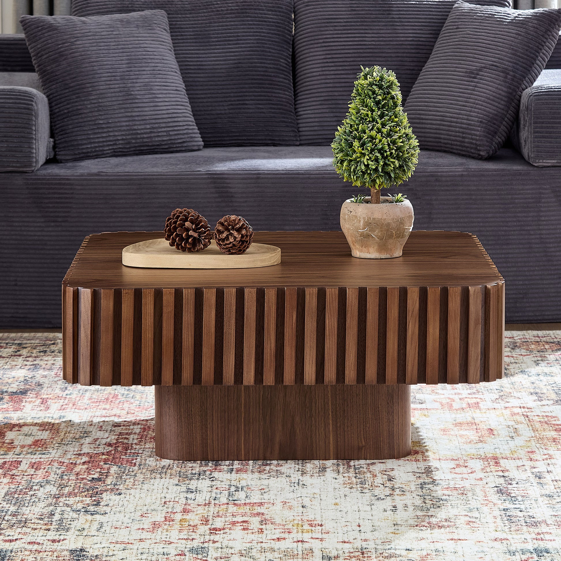 31.5 Inch Modern Handcraft Drum Coffee Table Square Coffee Table for Living Room,Small Wooden Coffee Table with Sturdy MDF Pedesta,Walnut Color Coffee Table
